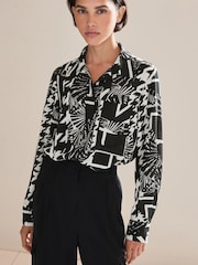 Black/White Geo Textured Long Sleeve Shirt with Pocket - Image 1 of 6