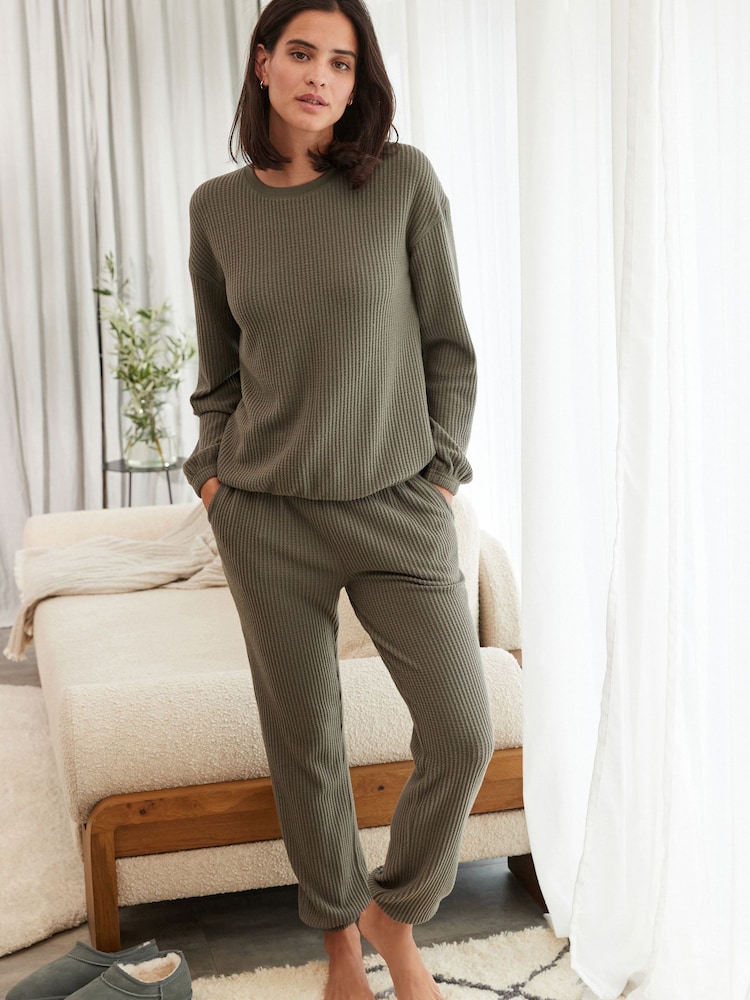 Sage Green Soft Waffle Long Sleeve Pyjamas - Image 1 of 9