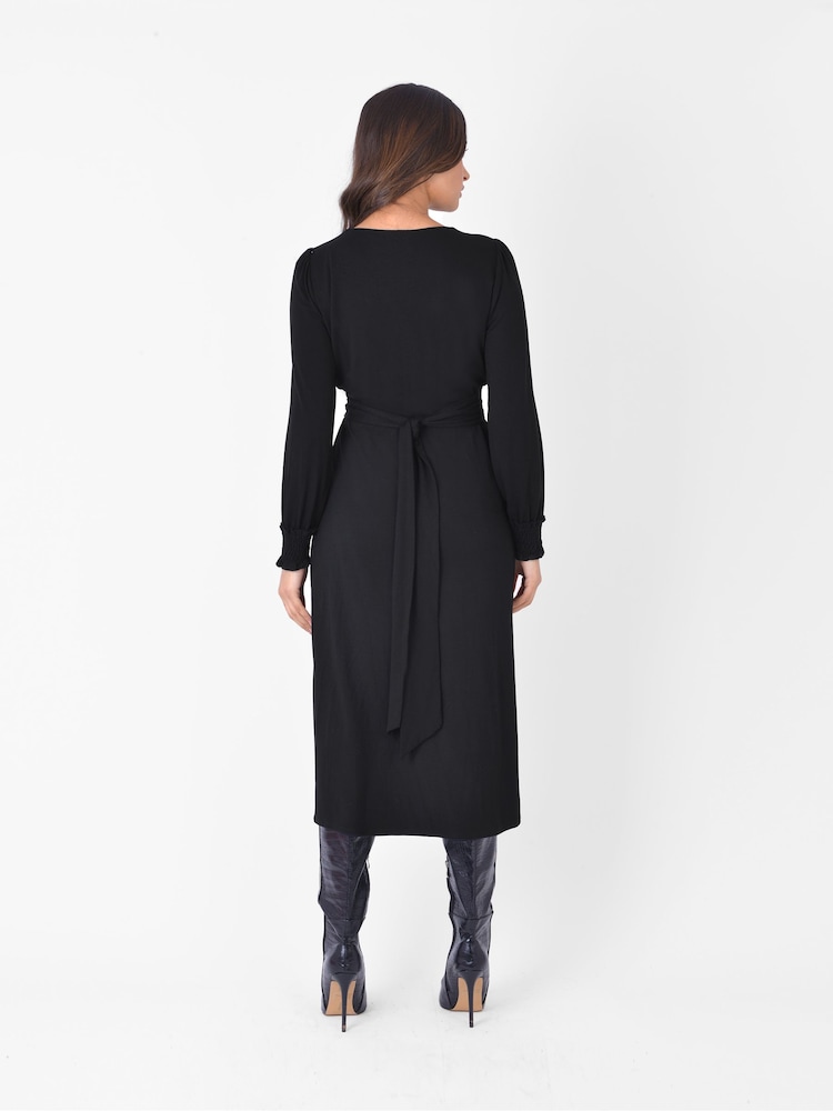 Ro&Zo Black Jersey Shirred Waist Midi Dress - Image 1 of 6