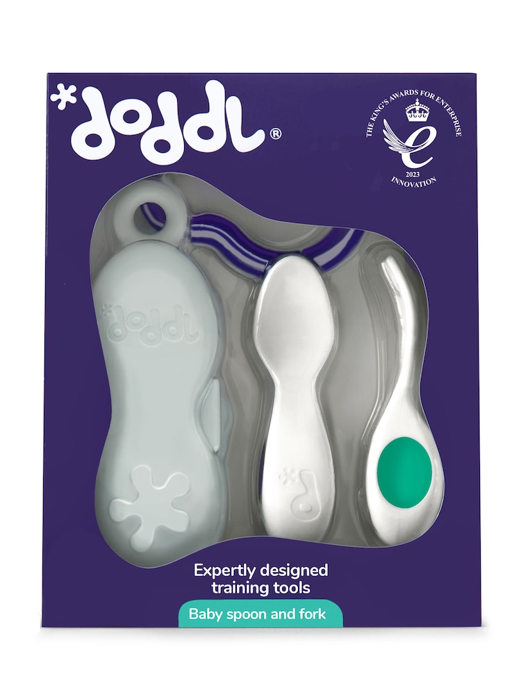 Set de cubiertos para bebé con cuchara y tenedor color azul claro y funda a partir de 6 meses de doddl - Imagen 9 de 9