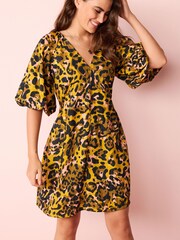 Ochre Yellow Animal Print Volume Sleeve V-Neck Mini Dress - Image 1 of 2