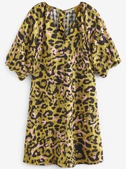 Ochre Yellow Animal Print Volume Sleeve V-Neck Mini Dress - Image 2 of 2