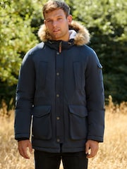 Navy Blue Shower Resistant Hooded Parka Coat - Image 1 of 12
