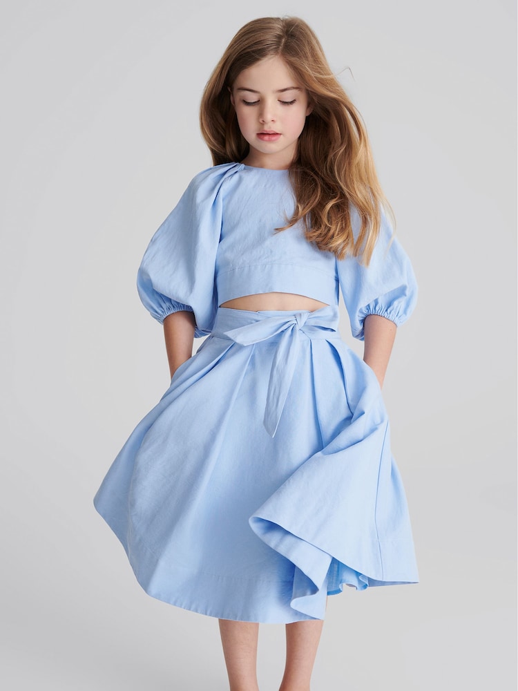 Reiss Blue Gigi Jr Tie Front Linen Midi Skirt - Image 1 of 7