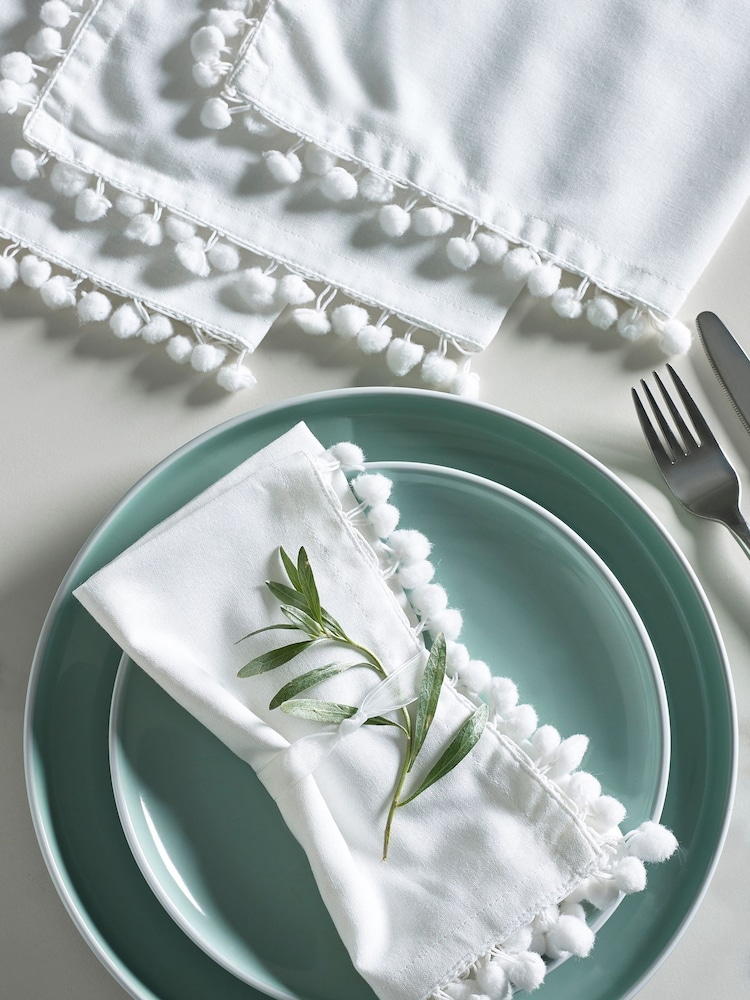 White Pom Pom 100% Cotton Tablecloth and Napkins Napkins - Image 1 of 2