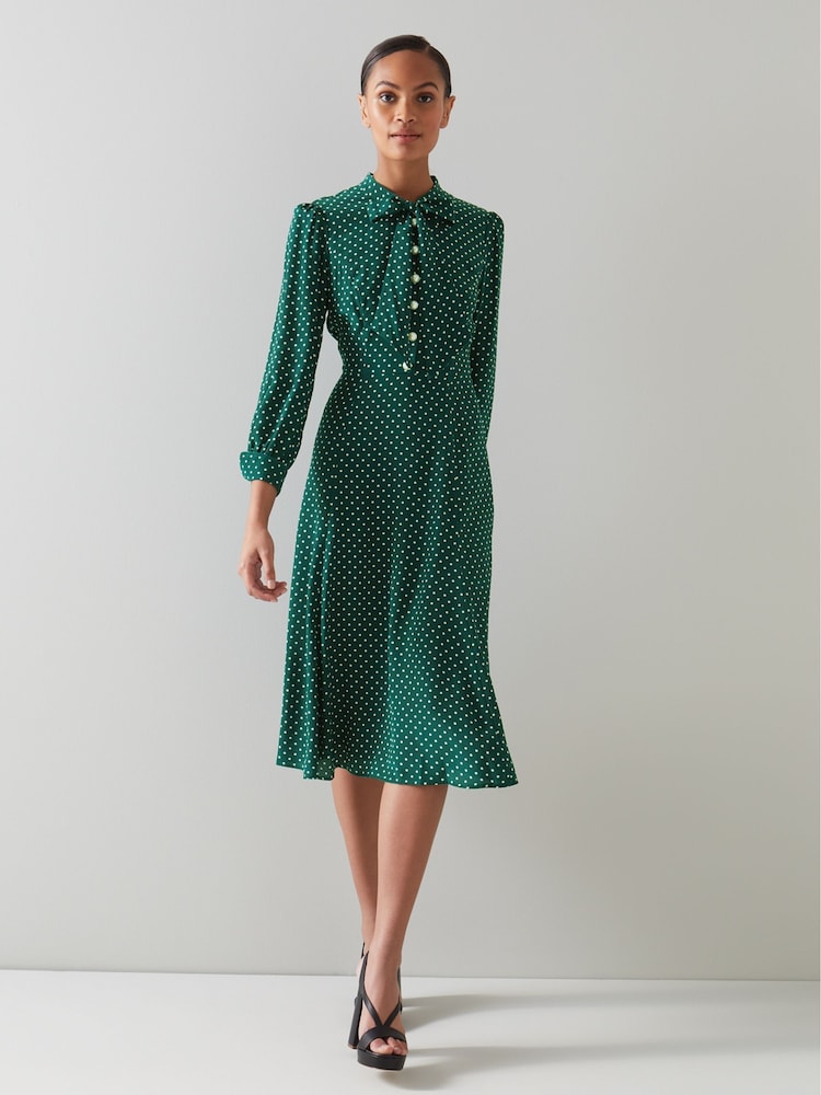 LK Bennett Green/Cream Mortimer Polka Dot Silk Dress - Image 1 of 4