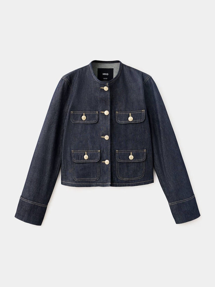 Mango Blue Demim Cropped Collarless Jacket - Image 1 of 2