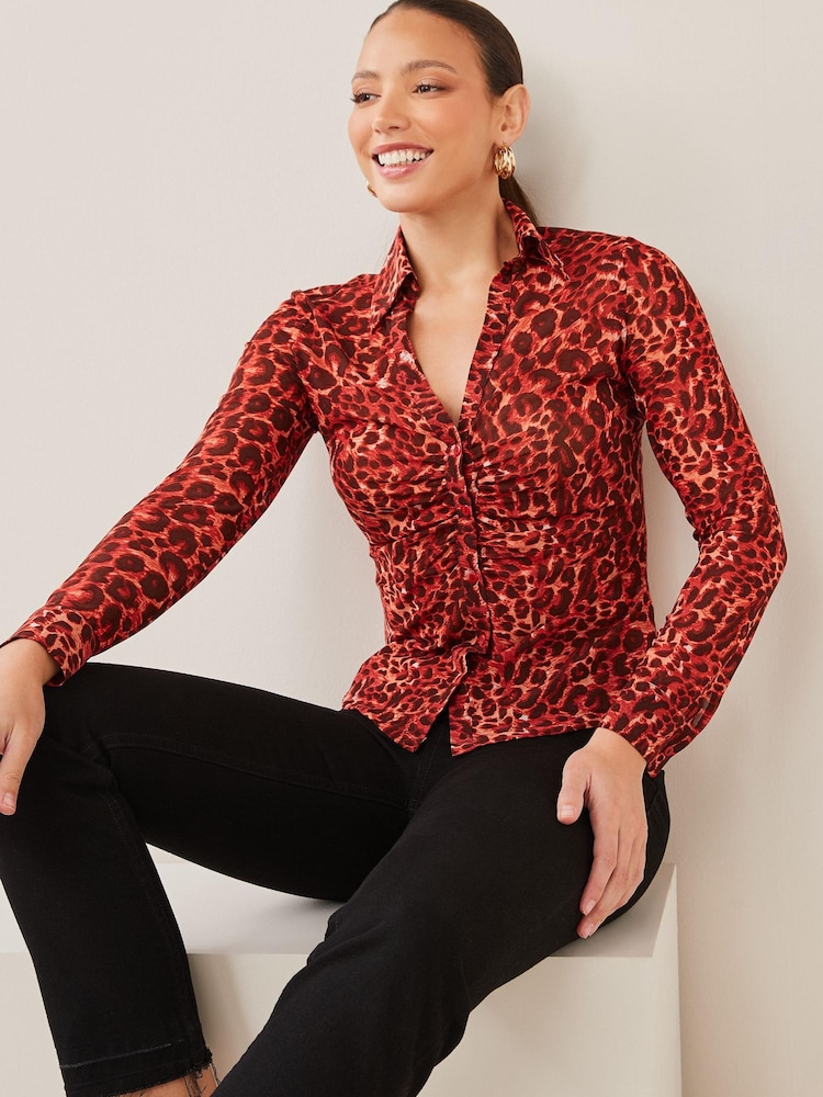 Red Animal Print Next Ruched Front Long Sleeve Shirt - Image 1 of 7