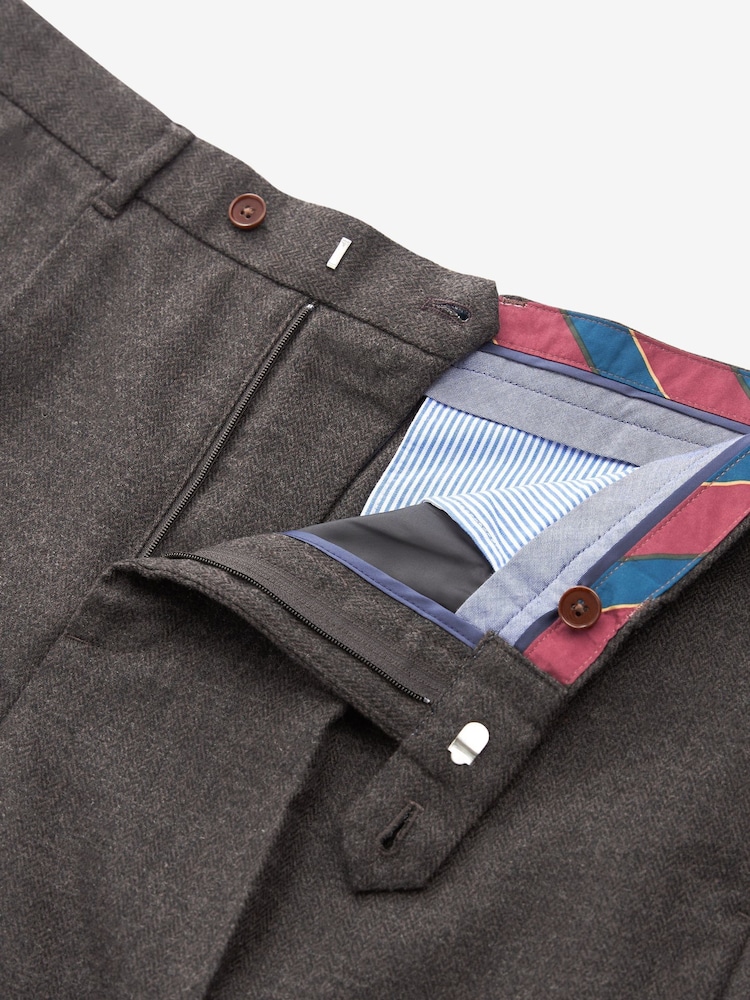 Brown Herringbone Relaxed Tapered Pleated Nova Fides Wool Blend Formal Trousers - Image 8 of 8
