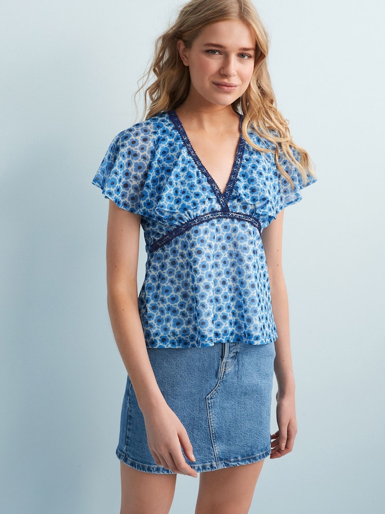 Blue Jubilee Print Flutter Sleeve Mesh Blouse Top - Image 1 of 5