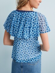 Blue Jubilee Print Flutter Sleeve Mesh Blouse Top - Image 2 of 5
