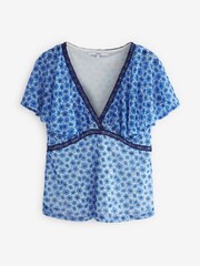 Blue Jubilee Print Flutter Sleeve Mesh Blouse Top - Image 5 of 5