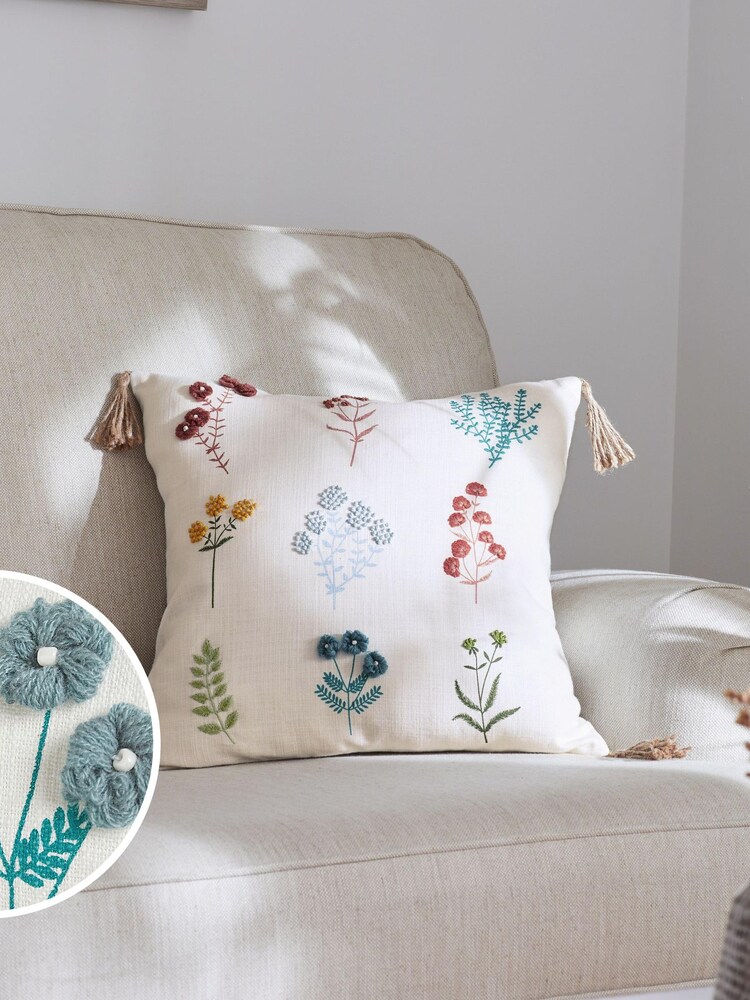 Natural Floral Embroidered Cushion With Tassels - Image 1 of 8