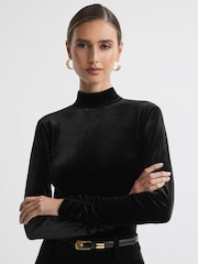 Reiss Black Caty Velvet Funnel Neck Top - Image 1 of 5