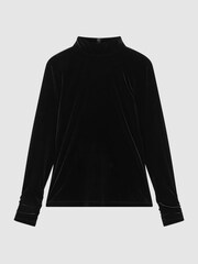 Reiss Black Caty Velvet Funnel Neck Top - Image 2 of 5