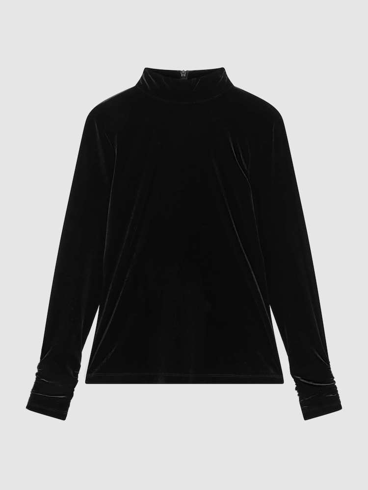 Reiss Black Caty Velvet Funnel Neck Top - Image 2 of 5