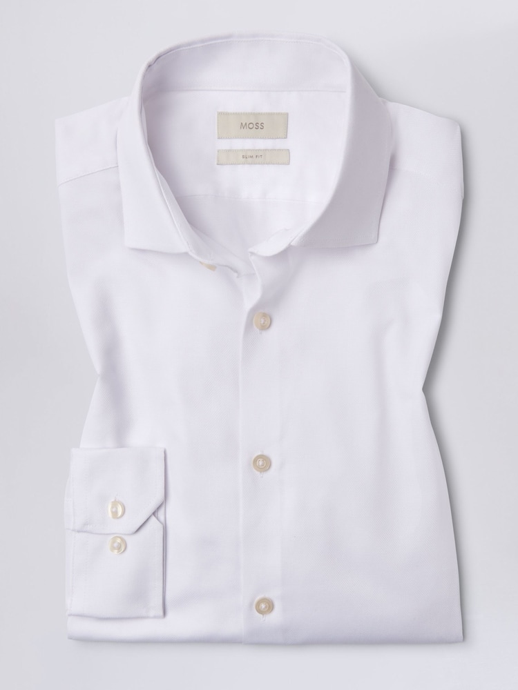 MOSS White Slim 100% Cotton Dobby Stretch Shirt - Image 3 of 5