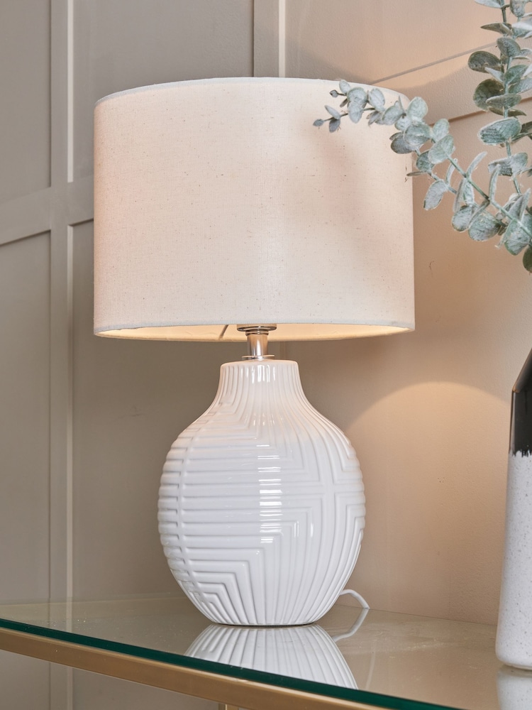 BHS White Gus Embossed Ceramic Table Lamp - Image 1 of 5