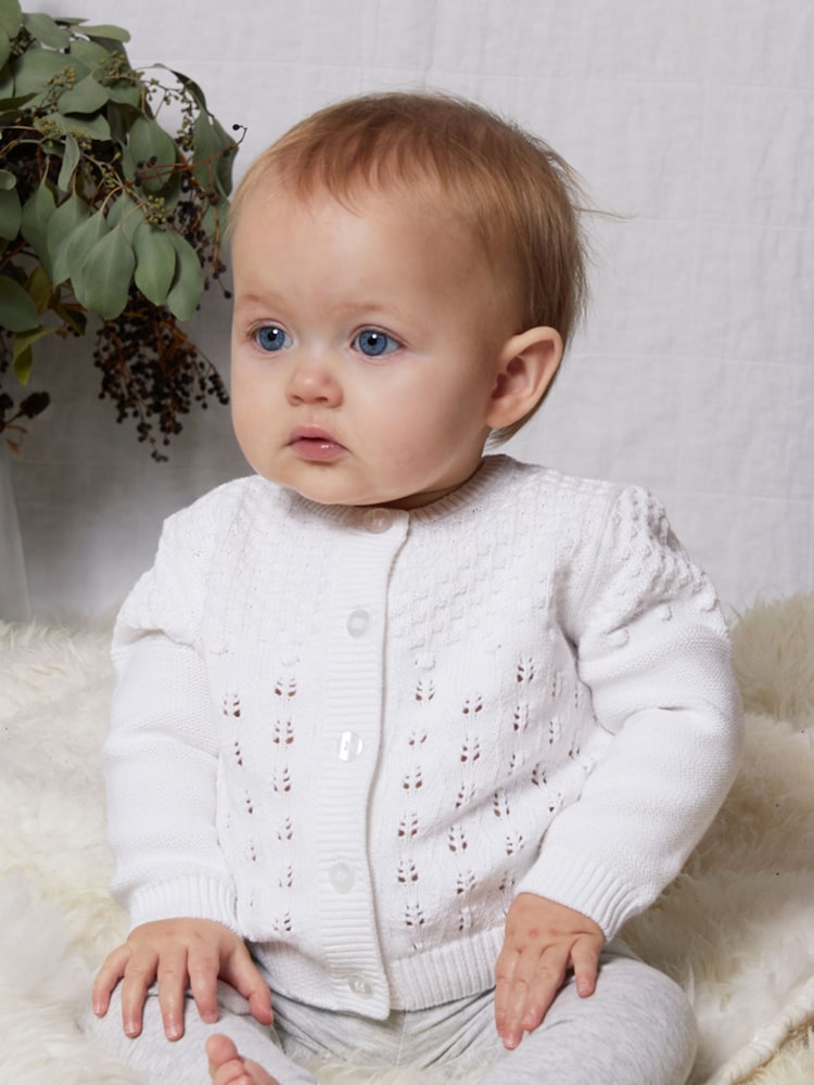 The Little Tailor Baby Pointelle 100% Cotton White Cardigan - Image 1 of 5