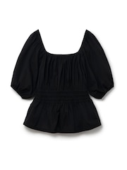 Another Sunday Puff Sleeve 100% Cotton Top With Shirred Waist And Button Detail In Purple - Image 4 of 5