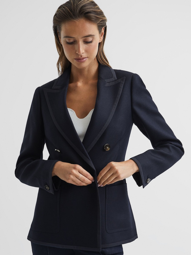 Reiss Navy Gia Double Breasted Twill Blazer - Image 6 of 7