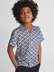 Reiss Navy Valencia Cuban Collar Geo Print Shirt - Image 1 of 6