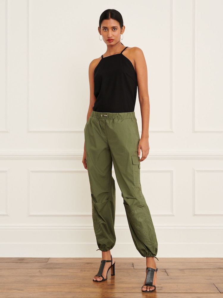 Khaki Green Embroidery Parachute Cotton Cargo Trousers - Image 1 of 6