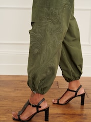 Khaki Green Embroidery Parachute Cotton Cargo Trousers - Image 4 of 6