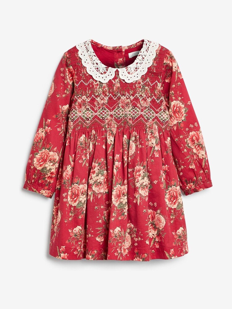 Red Floral Printed Shirred Collar Dress (3mths-8yrs) - Image 1 of 3 Red Floral Printed Shirred Collar Dress (3mths-8yrs) - Image 1 of 3