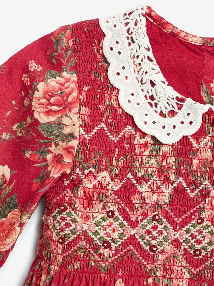 Red Floral Printed Shirred Collar Dress (3mths-8yrs) - Image 3 of 3 Red Floral Printed Shirred Collar Dress (3mths-8yrs) - Image 3 of 3