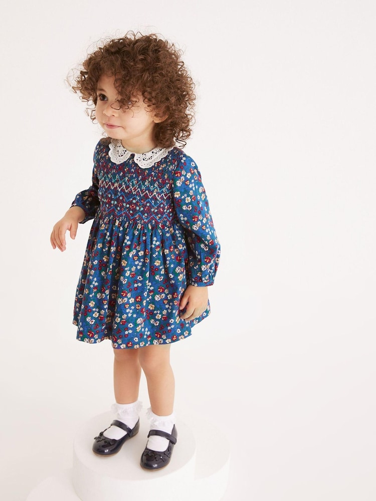 Navy Blue Floral Printed Shirred Collar Dress (3mths-8yrs) - Image 1 of 6 Navy Blue Floral Printed Shirred Collar Dress (3mths-8yrs) - Image 1 of 6