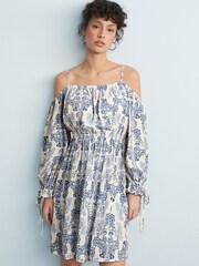 White/Blue Floral Strappy Bardot Mini Dress - Image 1 of 6