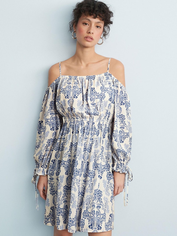 White/Blue Floral Strappy Bardot Mini Dress - Image 1 of 6