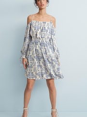 White/Blue Floral Strappy Bardot Mini Dress - Image 2 of 6