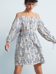 White/Blue Floral Strappy Bardot Mini Dress - Image 3 of 6