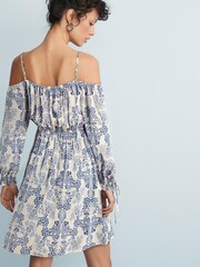 White/Blue Floral Strappy Bardot Mini Dress - Image 4 of 6