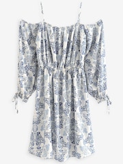 White/Blue Floral Strappy Bardot Mini Dress - Image 6 of 6