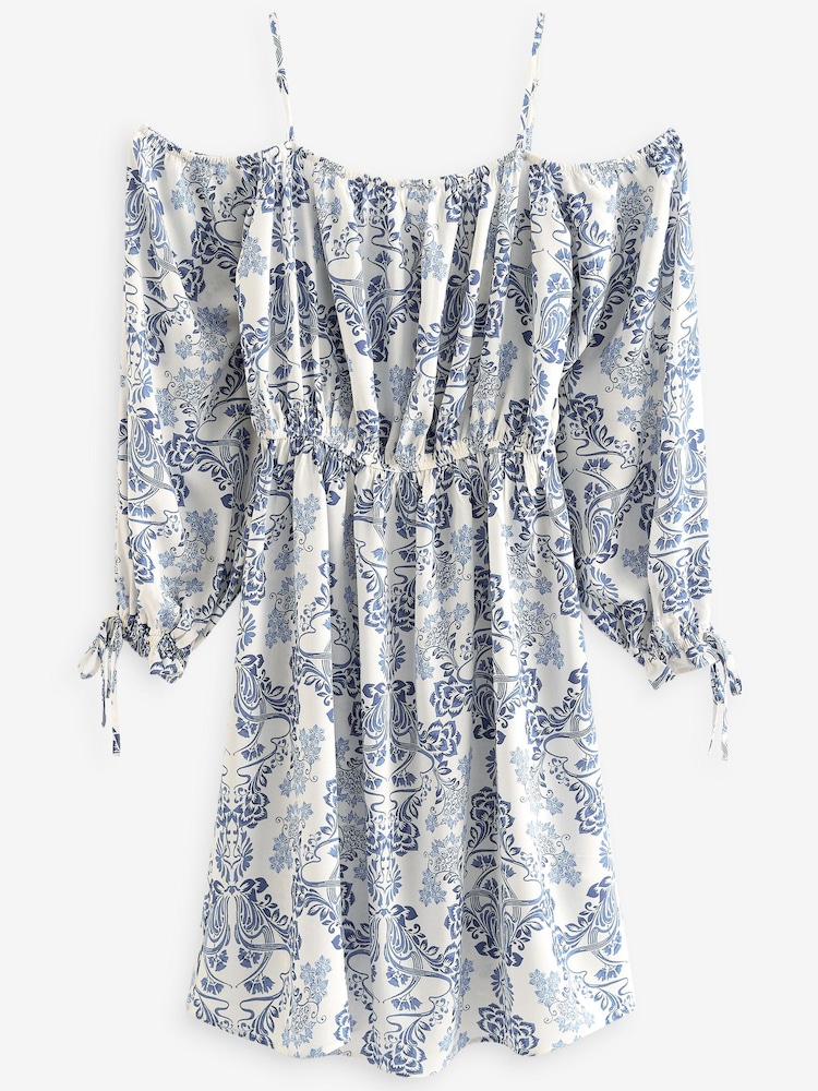 White/Blue Floral Strappy Bardot Mini Dress - Image 6 of 6