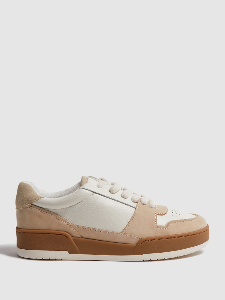 Reiss Taupe Frankie Leather Suede Low Cut Trainers - Image 1 of 5