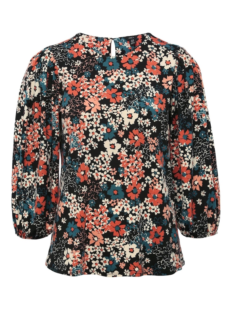 M&Co Geblümtes Top mit Puffärmeln, Schwarz - Bild 4 von 4
