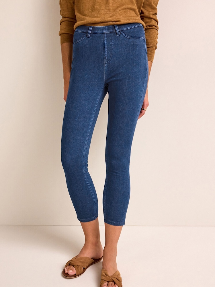 Dark Blue Denim Cropped Denim Jersey Capri Leggings - Image 1 of 6 Dark Blue Denim Cropped Denim Jersey Capri Leggings - Image 1 of 6