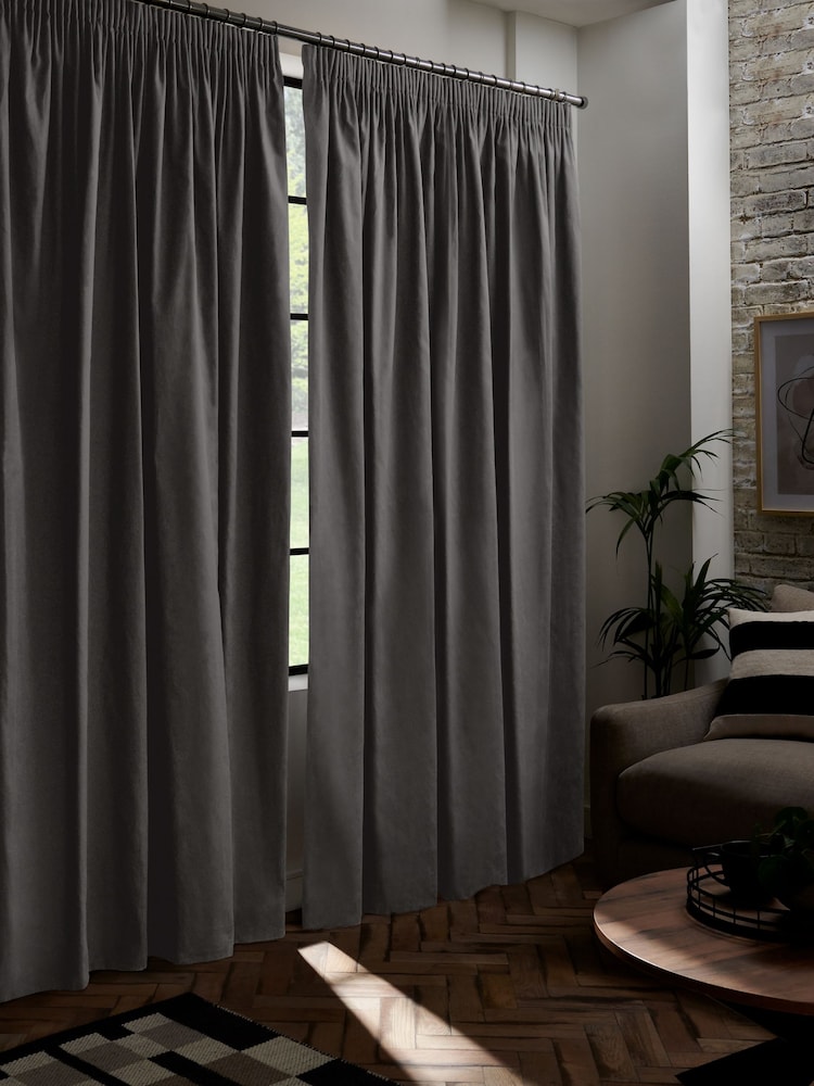 Grey Charcoal Dark Cotton Blackout/Thermal Pencil Pleat Curtains - Image 1 of 6