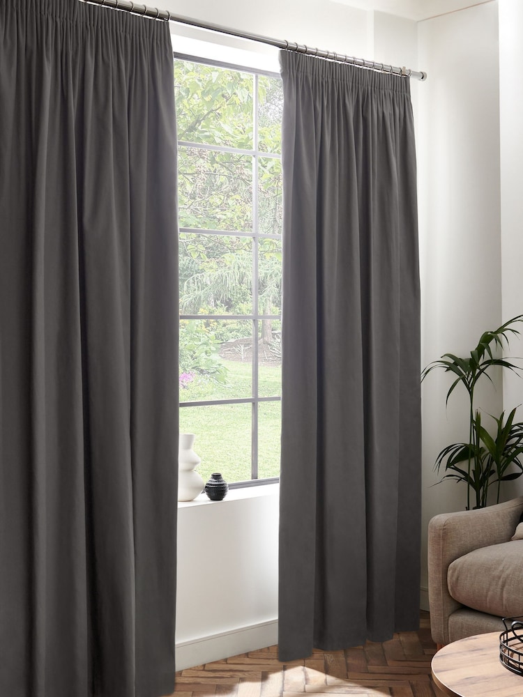 Grey Charcoal Dark Cotton Blackout/Thermal Pencil Pleat Curtains - Image 2 of 6