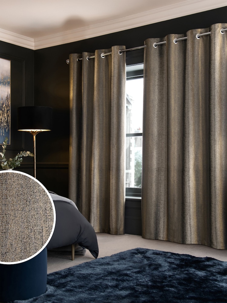 Black/Bronze Gold Metallic Stripe Eyelet Super Thermal Curtains - Image 2 of 6