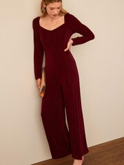 Berry Red Long Sleeve Corset Detail Jumpsuit - Image 1 of 5