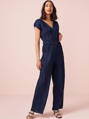 Navy Blue Plissé Belted Jumpsuit - Image 1 of 5