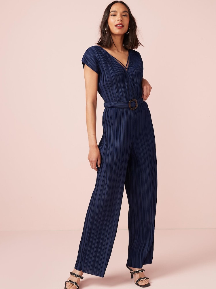 Navy Blue Plissé Belted Jumpsuit - Image 1 of 5 Navy Blue Plissé Belted Jumpsuit - Image 1 of 5