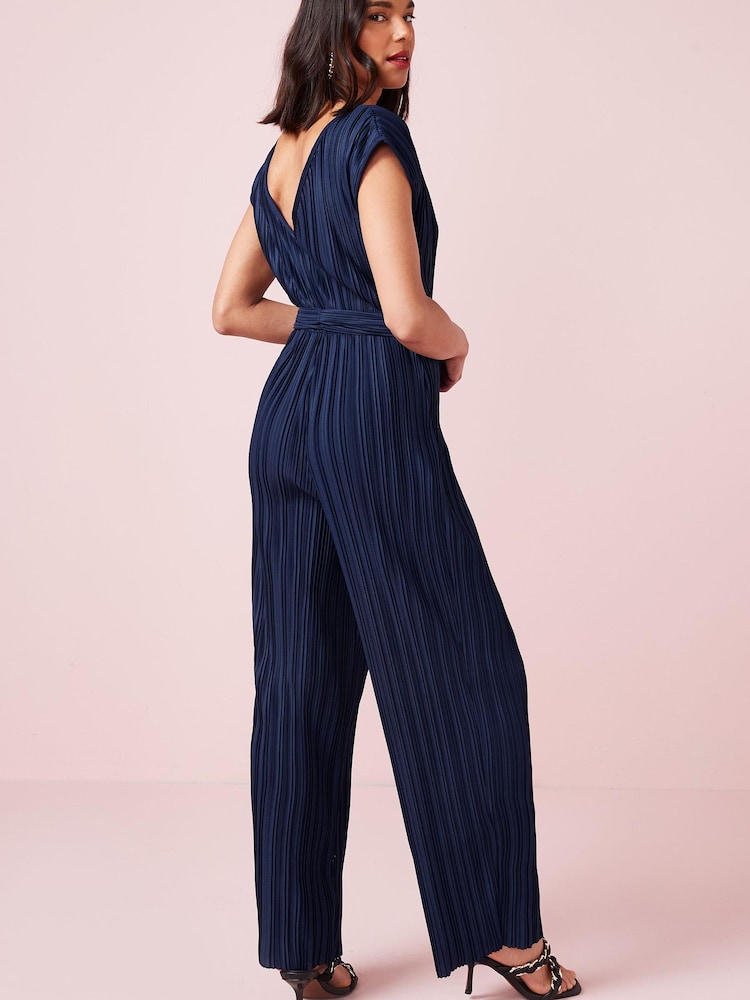 Navy Blue Plissé Belted Jumpsuit - Image 2 of 5 Navy Blue Plissé Belted Jumpsuit - Image 2 of 5