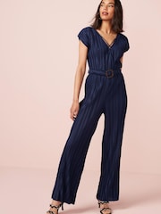 Navy Blue Plissé Belted Jumpsuit - Image 3 of 5