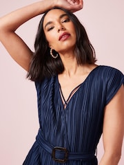 Navy Blue Plissé Belted Jumpsuit - Image 4 of 5